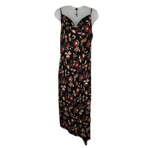 Vintage Dark Floral Maxi Slip Dress Size M Asymmetric Hem Fairy Grunge 90s Event